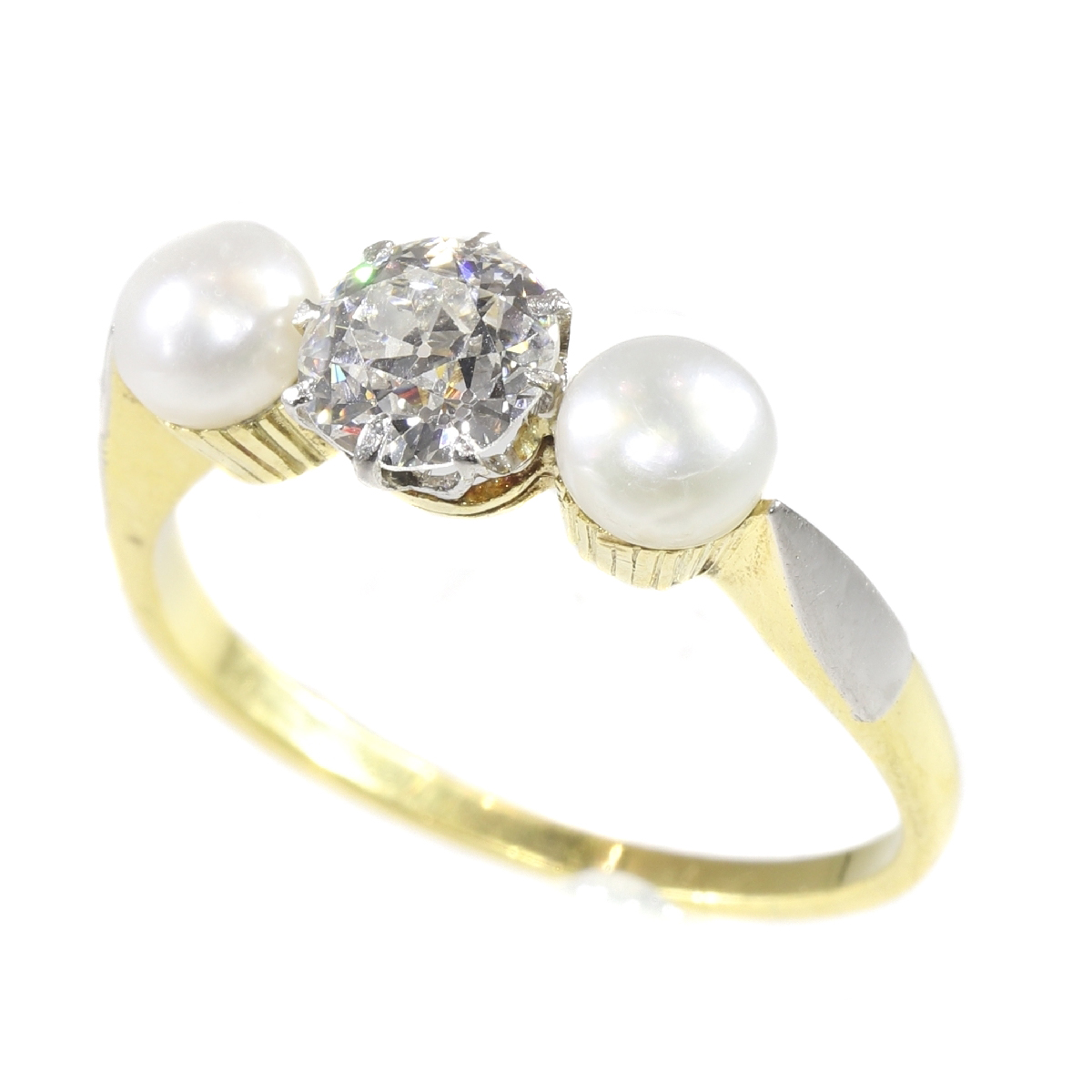 Three stones estate engagement ring diamond pearl